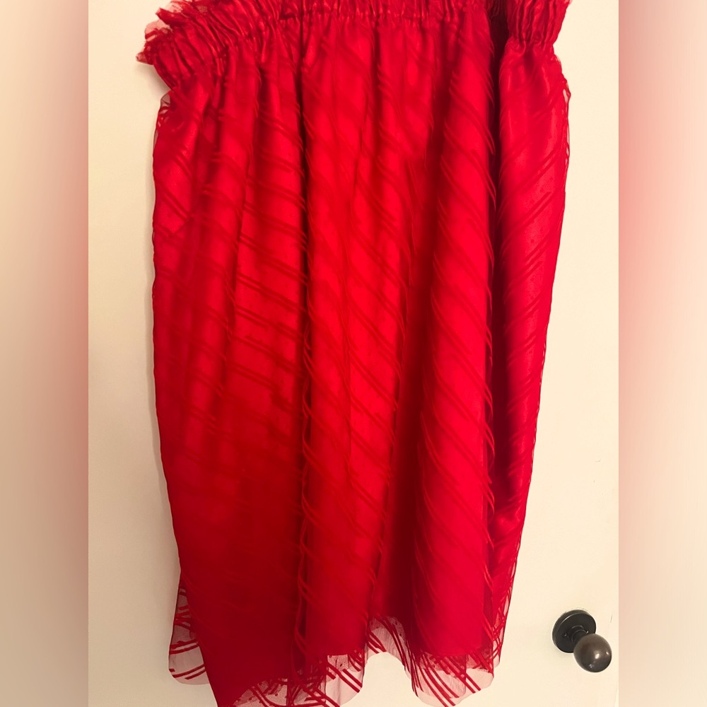 Red elastic waist Tulle layered striped and polkadot a line skirt. Tamara Marlas
